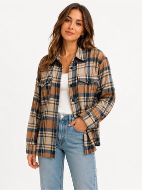 Lucky Brand Plaid Shacket Jacket Flannel Overshirt Tan Navy Cream Size Large